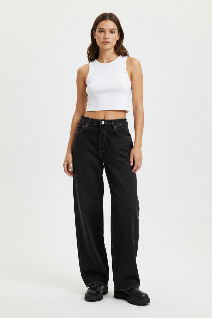 Black Wide-Leg Denim Jeans - High Waisted Relaxed Fit